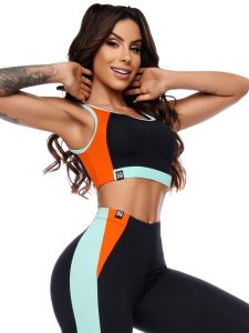 Lets Gym Fitness Techno Sports Bra Top - Black/Orange